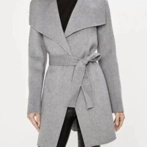 TAHARI Large Light Gray Coat Ella Double Face Wool Belted Coat Lightweight Wrap
